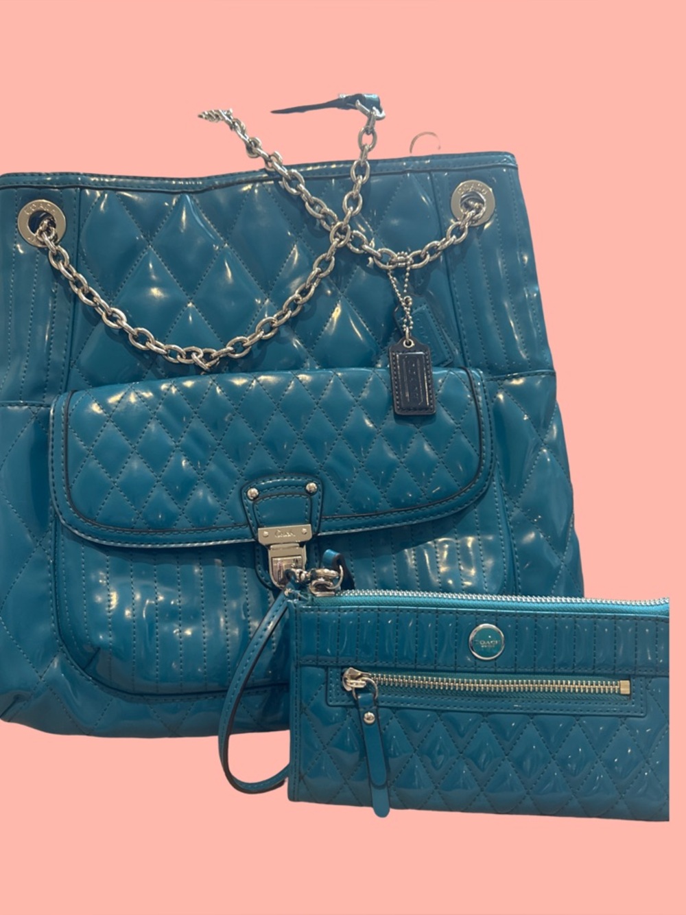 Coach Quilted Patent Leather Shoulder Tote in Teal Blue